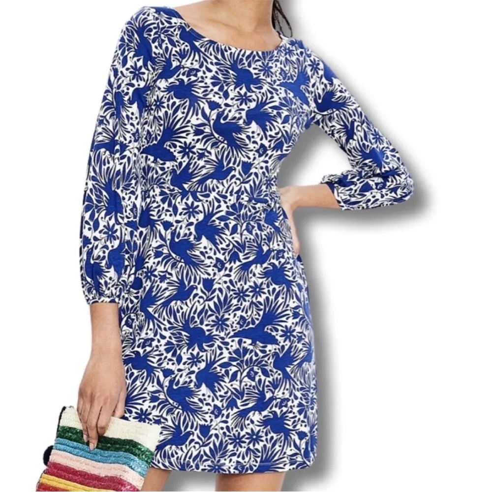 Boden Lucie Jersey Tunic Dress 8L in Blue and White Lapis Bird Print.